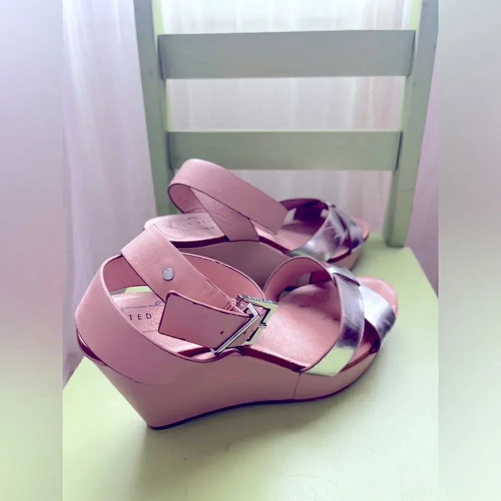 TED BAKER wedge heels; leather & silver; Size 38